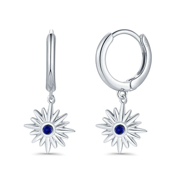 Starburst LeverBack Earrings Hoop Huggie Design Simulated Blue Sapphire CZ 925 Sterling Silver (40mm)